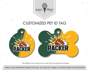 Placa de identificación personalizada para mascotas con diseño de fútbol americano verde y dorado, placa personalizada para perros, placa de identificación para gatos, placa para mascotas de aficionados al fútbol americano de Wisconsin, placa metálica de doble cara.