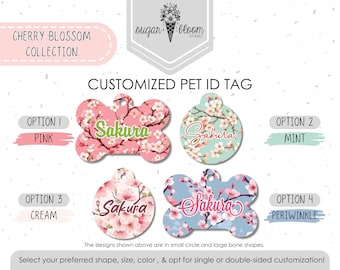 Placa de identificación para mascotas con diseño de flor de cerezo japonesa, placa para perros Sakura, identificación personalizada para mascotas, placa personalizada para gatos, placa para collar con diseño floral rosa, placa metálica de doble cara.