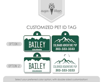 Placa de identificación para mascotas de Colorado: diseño de montaña verde y blanca, placa personalizada para perro o gato, Mile High Denver, metal de doble cara