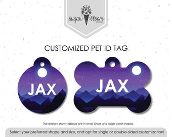 Purple Mountain Sunset Sky Moon, Personalized Dog Tag, Custom Pet ID, Outdoors, Neutral, Camping, Cat ID, Metal Customized Tag, Double-Sided