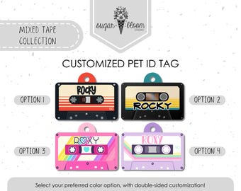 Etiqueta de identificación para mascotas con cinta de casete, etiqueta retro de los 80 para perros y gatos, etiqueta personalizada con nombre, etiqueta vintage para amantes de la música, doble cara