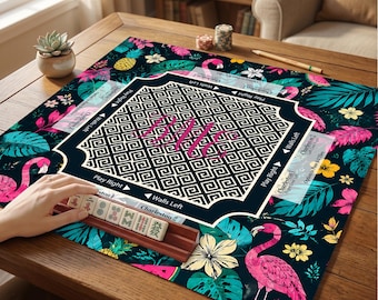 Personalisierte Tropische Palme Mahjong-Matte, benutzerdefinierte Mahjong-Matte, Regelführer von Charleston, rutschfeste rosa & grüne Spieltischmatte, Mahjong-Matte