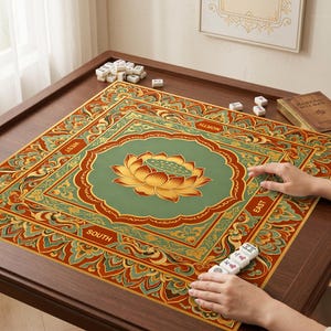 May include: A square mahjong mat featuring a central green lotus flower design surrounded by intricate orange, teal, and gold floral patterns. The mat includes labeled cardinal directions and is placed on a wooden table with scattered tiles.
