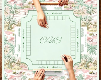Personalized Tropical Palm Tree Mahjong Mat, Custom Mahjong Mat, Charleston Rules Guide, Non-Slip Pink & Green Game Table Cover, Mahjong Mat