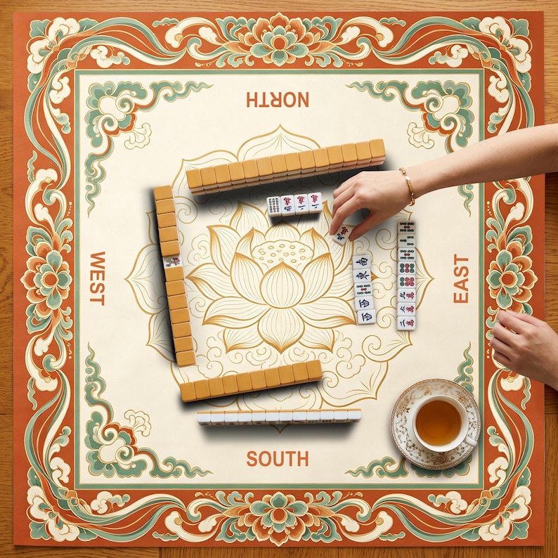 Anpassad Lotus Mahjongmatta, Asiatisk Blommönster, Halkfri Spelplan i Gummi, Elegant Retrodekor, Present till Mahjongspelare, Mahjongtillbehör bild 6