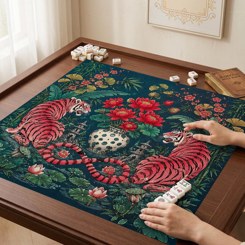 Puede incluir: Un tapete de mahjong cuadrado con fondo verde azulado oscuro, dos tigres rosas, un jarr&oacute;n blanco central con lunares negros que contiene flores de loto rojas y peque&ntilde;as ilustraciones de pagodas rodeadas de follaje verde.