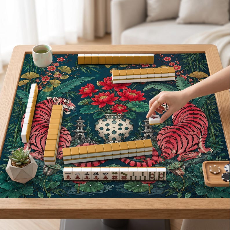 Puede incluir: Una mesa de mahjong cuadrada con un tapete verde oscuro que presenta un estampado vibrante de tigres rojos, flores de loto y un jarr&oacute;n central. La mesa est&aacute; dispuesta con filas de fichas amarillas y blancas, una suculenta y una taza de t&eacute;.