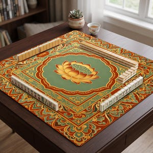 May include: A square mahjong mat featuring a central green medallion with a large orange and yellow lotus flower illustration. The border displays intricate orange, green, and gold floral patterns. Four rows of cream-colored mahjong tiles are arranged.