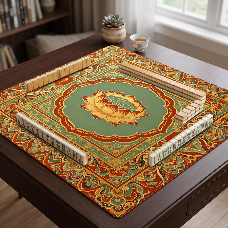 May include: A square mahjong mat featuring a central green medallion with a large orange and yellow lotus flower illustration. The border displays intricate orange, green, and gold floral patterns. Four rows of cream-colored mahjong tiles are arranged.