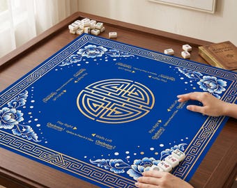 特注ブルー麻雀マット、チャールストンルール付き磁器製花柄麻雀テーブルパッド、麻雀ナイト用滑り止めオリエンタルゲームマット