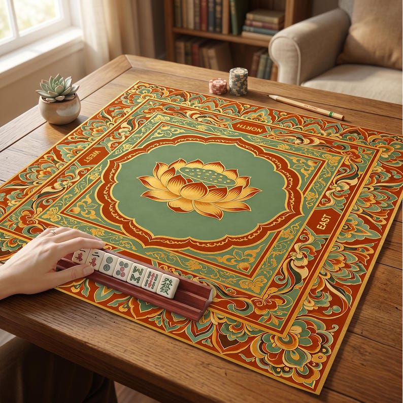 May include: A square mahjong mat featuring a central green lotus flower design surrounded by intricate orange, red, and teal floral patterns. The mat includes the directional labels North, South, East, and West. A wooden tile rack holds several mahjong tiles.