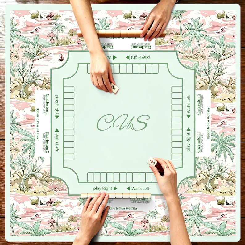 Pastel Tropical Palm Mahjong Game Mat, Vintage Chinoiserie Charleston Layout Mahjong Table Cover, Quiet Rubber Game Pad, Mahjong accessories image 6