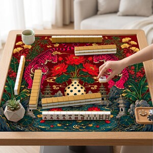 May include: A square mahjong table featuring a red mat with a vibrant print of two pink tigers, red lotus flowers in a spotted vase, and traditional pagodas. Several rows of cream and tan mahjong tiles are arranged on the surface.