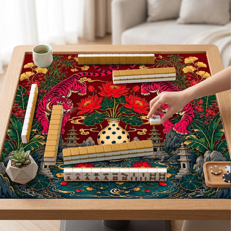 May include: A square mahjong table featuring a red mat with a vibrant print of two pink tigers, red lotus flowers in a spotted vase, and traditional pagodas. Several rows of cream and tan mahjong tiles are arranged on the surface.