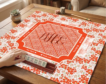 Tapete de mesa de Mahjong personalizado, diseño floral naranja, tapete de juego con nombre personalizado, tapete de Mahjong de goma antideslizante, tapete de Mahjong único
