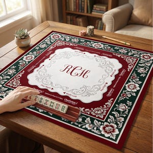 May include: A red and green Mahjong game mat with a floral border and a white central design. The mat features the initials "RCH" and instructions for play. A wooden tile holder with Mahjong tiles is visible.