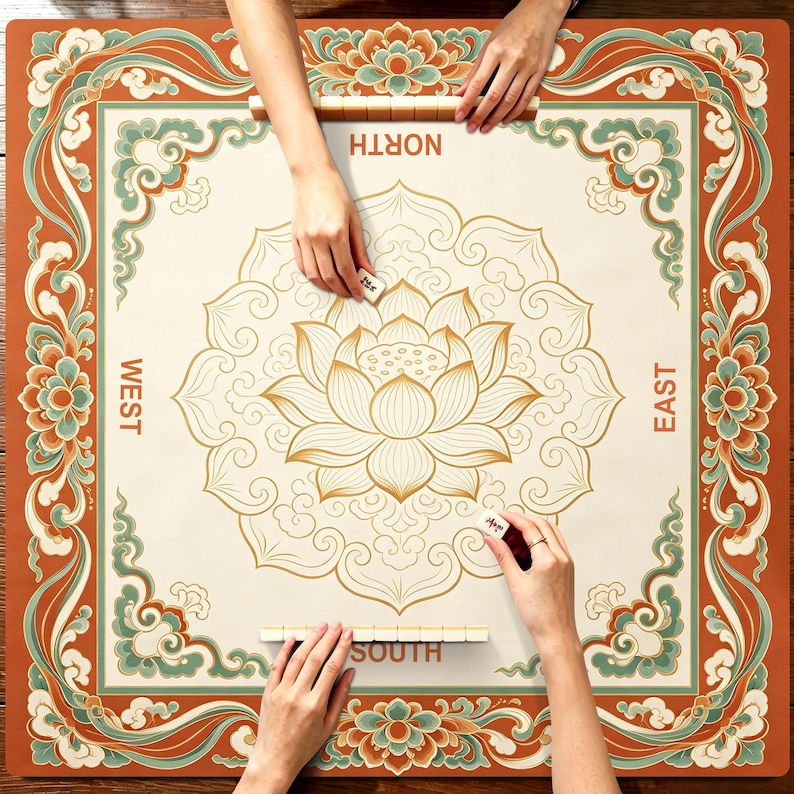 Anpassad Lotus Mahjongmatta, Asiatisk Blommönster, Halkfri Spelplan i Gummi, Elegant Retrodekor, Present till Mahjongspelare, Mahjongtillbehör bild 5