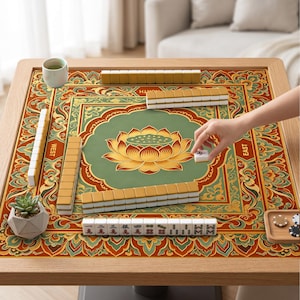May include: A square mahjong table mat featuring a central green lotus flower design surrounded by intricate orange and teal floral patterns. The mat includes directional labels for North, South, East, and West, with rows of white mahjong tiles arranged on top.