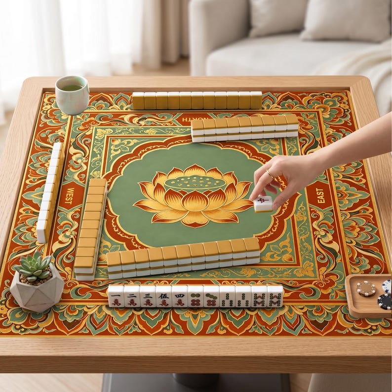 May include: A square mahjong table mat featuring a central green lotus flower design surrounded by intricate orange and teal floral patterns. The mat includes directional labels for North, South, East, and West, with rows of white mahjong tiles arranged on top.