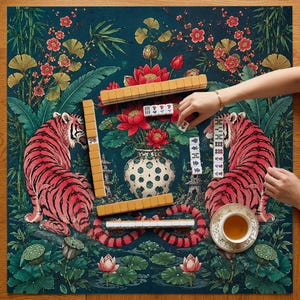 Puede incluir: Un tapete de mahjong cuadrado con fondo verde azulado oscuro, dos tigres rosas, flores de loto rojas y un jarr&oacute;n central. El tapete est&aacute; decorado con hojas de bamb&uacute; y ginkgo. Varias fichas de mahjong y una taza de t&eacute; descansan sobre &eacute;l.