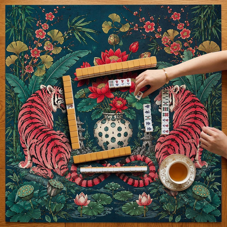 Puede incluir: Un tapete de mahjong cuadrado con fondo verde azulado oscuro, dos tigres rosas, flores de loto rojas y un jarr&oacute;n central. El tapete est&aacute; decorado con hojas de bamb&uacute; y ginkgo. Varias fichas de mahjong y una taza de t&eacute; descansan sobre &eacute;l.