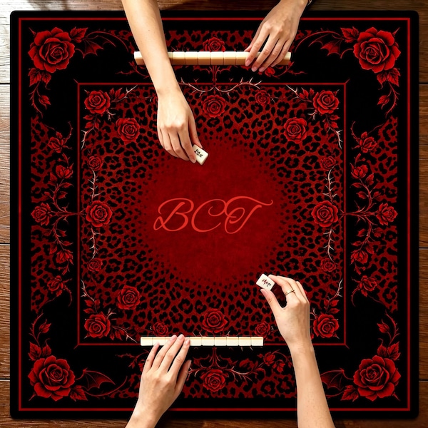 Custom Monogram Red Leopard Rose Mahjong Mat, Gothic American Mahjong Table Cover, Dark Floral Bat Mahjong Pad, Personalized Player Gift