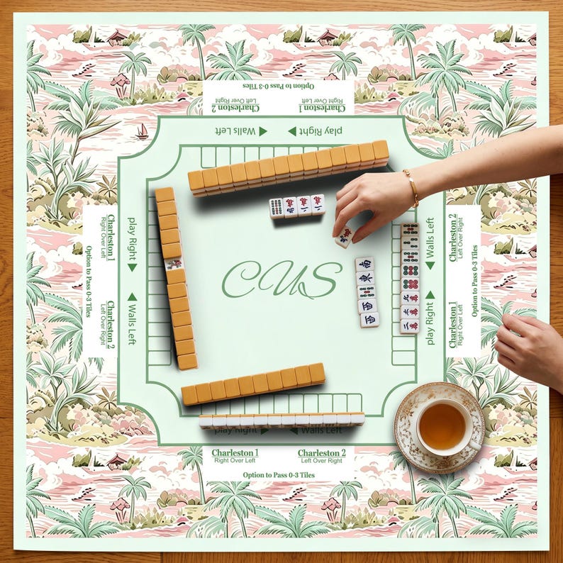 Pastel Tropical Palm Mahjong Game Mat, Vintage Chinoiserie Charleston Layout Mahjong Table Cover, Quiet Rubber Game Pad, Mahjong accessories image 4