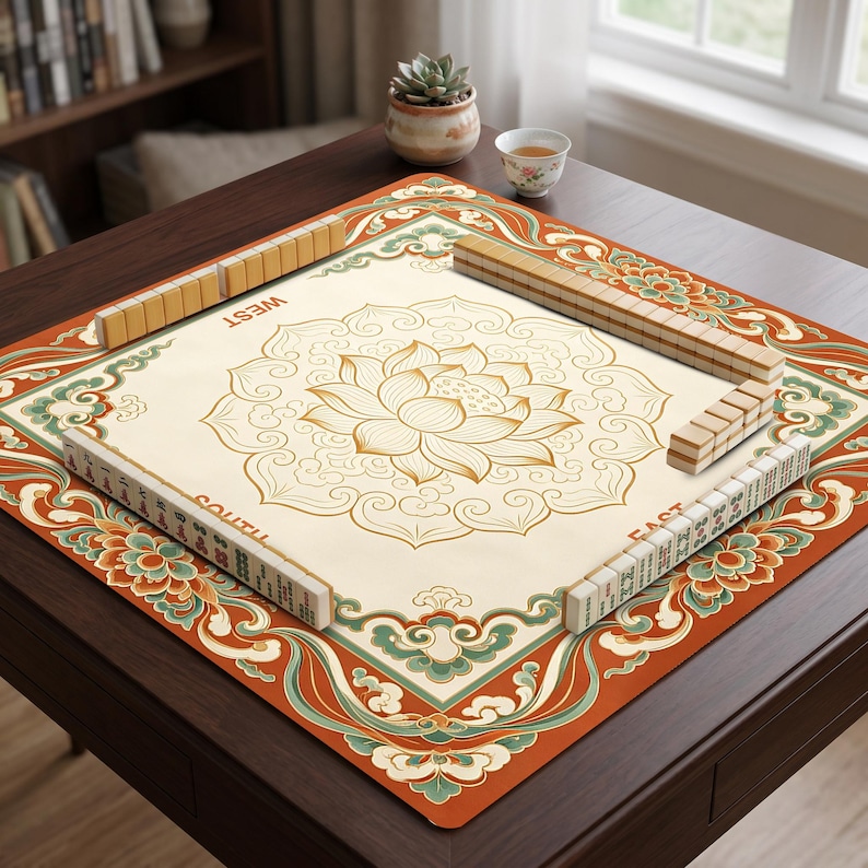 Anpassad Lotus Mahjongmatta, Asiatisk Blommönster, Halkfri Spelplan i Gummi, Elegant Retrodekor, Present till Mahjongspelare, Mahjongtillbehör bild 4