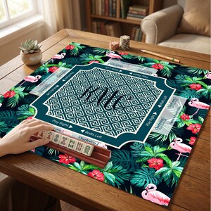 Personalized Mahjong Table Mat, Tropical Flamingo Design, Custom Name Game Mat, Non Slip Rubber Mahjong Pad Gift, Mahjong Mat