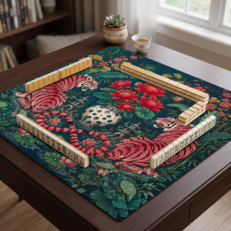 Puede incluir: Un tapete de mahjong cuadrado con fondo verde azulado oscuro y un patr&oacute;n bot&aacute;nico de flores de loto rojas, hojas verdes y dos tigres rosas. Cuatro filas de fichas de mahjong de color crema forman un cuadrado sobre la superficie del tapete.
