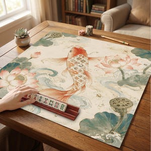 May include: A square game mat featuring a koi fish illustration with orange and white scales, surrounded by pink lotus flowers and green lily pads. A wooden rack holds six mahjong tiles with Chinese characters, positioned on the mat surface.