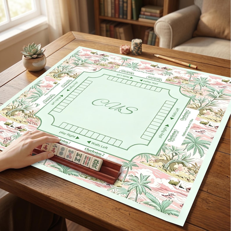 Pastel Tropical Palm Mahjong Game Mat, Vintage Chinoiserie Charleston Layout Mahjong Table Cover, Quiet Rubber Game Pad, Mahjong accessories image 1
