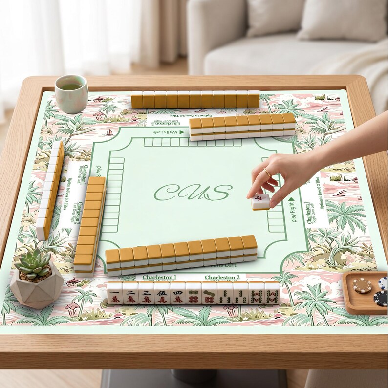 Pastel Tropical Palm Mahjong Game Mat, Vintage Chinoiserie Charleston Layout Mahjong Table Cover, Quiet Rubber Game Pad, Mahjong accessories image 5