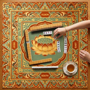May include: A square mahjong mat featuring a central gold lotus flower on a sage green background, surrounded by ornate red and gold borders labeled North, South, East, and West. The mat includes scattered white mahjong tiles and a teacup.