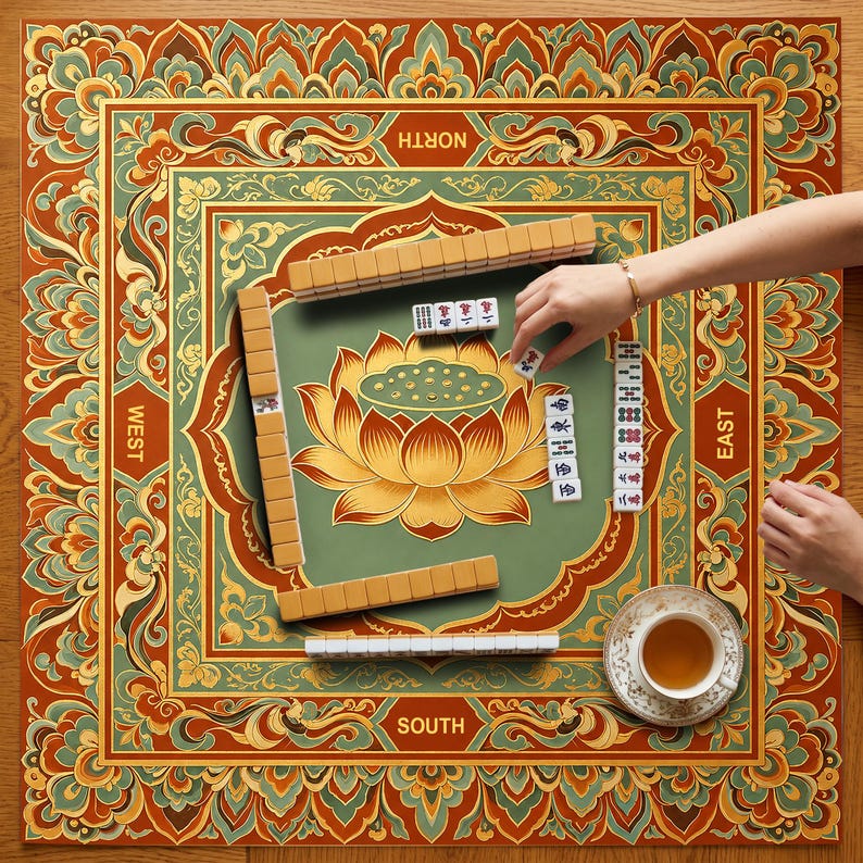 May include: A square mahjong mat featuring a central gold lotus flower on a sage green background, surrounded by ornate red and gold borders labeled North, South, East, and West. The mat includes scattered white mahjong tiles and a teacup.