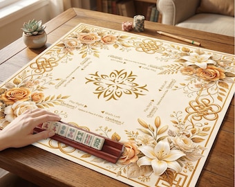 金色の花柄中国結び麻雀テーブルマット、クリーム色のバラとユリの滑り止めゲームパッド、カスタム麻雀マット、麻雀アクセサリー、麻雀ギフト
