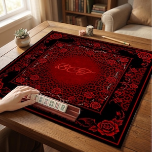 Custom Monogram Red Leopard Rose Mahjong Mat, Gothic American Mahjong Table Cover, Dark Floral Bat Mahjong Pad, Personalized Player Gift