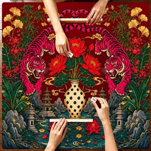 May include: A square mahjong mat featuring a deep red background with two symmetrical pink tigers, a central cream-colored vase with black polka dots, red lotus flowers, green foliage, and traditional pagoda structures in a landscape setting.