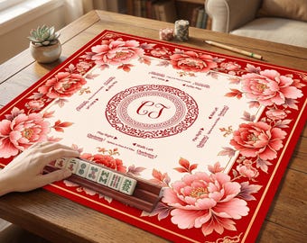 パーソナライズされた牡丹麻雀マット、カスタムモノグラム麻雀テーブルカバー、中国風花柄ゲームマット、麻雀愛好家へのギフト、麻雀アクセサリー