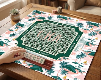 Dunkelgrüne tropische Insel Mahjong Tischset Benutzerdefinierte Monogramm Palme Segelboot Pink Ozean Mah Jongg Tile Pad Sommer Ferien Spiel Geschenk