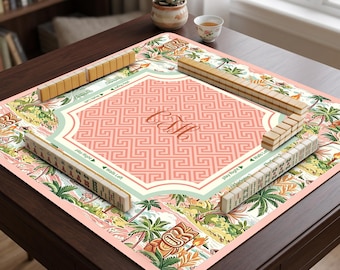 Personalized Tiki Mahjong Mat, Tropical Palm Game Table Cover, Pink Monogram Mahjong Pad, Coastal Hawaiian Gift for Women