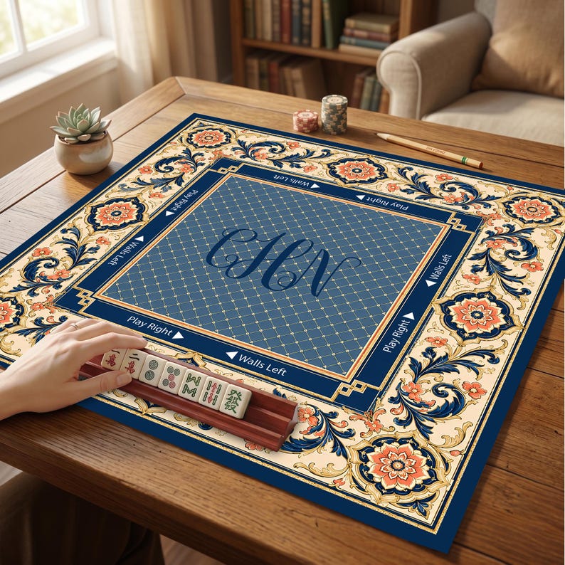 Monogram Mat Personalized Monogram Mahjong Mat, Navy Blue Floral Mah Jong Table Pad ...