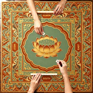 May include: A square mahjong game table featuring a central lotus flower illustration on a sage green background, surrounded by ornate red, gold, and green floral patterns. The four sides are labeled North, South, East, and West in gold text.