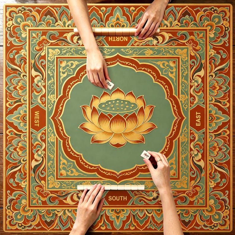 May include: A square mahjong game table featuring a central lotus flower illustration on a sage green background, surrounded by ornate red, gold, and green floral patterns. The four sides are labeled North, South, East, and West in gold text.
