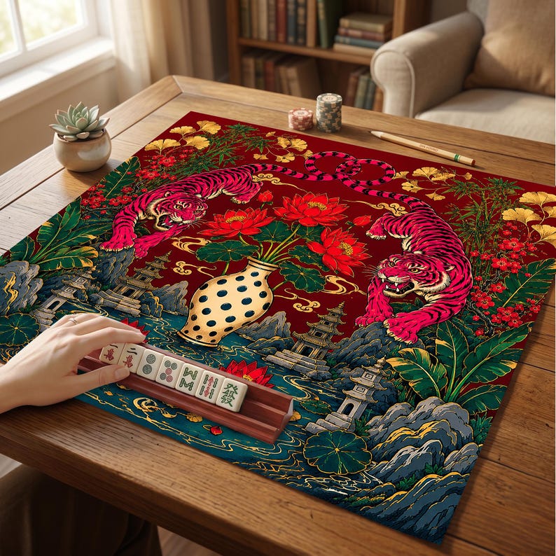 May include: A square mahjong mat featuring a deep red background with two pink tigers, a central polka-dot vase filled with red lotus flowers, pagodas, and lush foliage. A wooden rack holds several mahjong tiles with black and red characters.