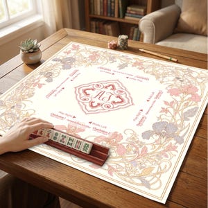 Personalized Floral Mahjong Mat, Art Nouveau Iris Table Cover, Custom Monogram Game Mat, Elegant American Mahjong table Mat