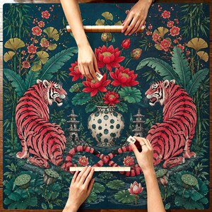 Tapete de Mahjong Tigre Rojo, Diseño Flor de Loto, Tapete de Mesa de Juego Vintage Asiático, Regalo Único para Jugadores, Tapete de Mesa de Mahjong Americano, Regalo de Mahjong imagen 5