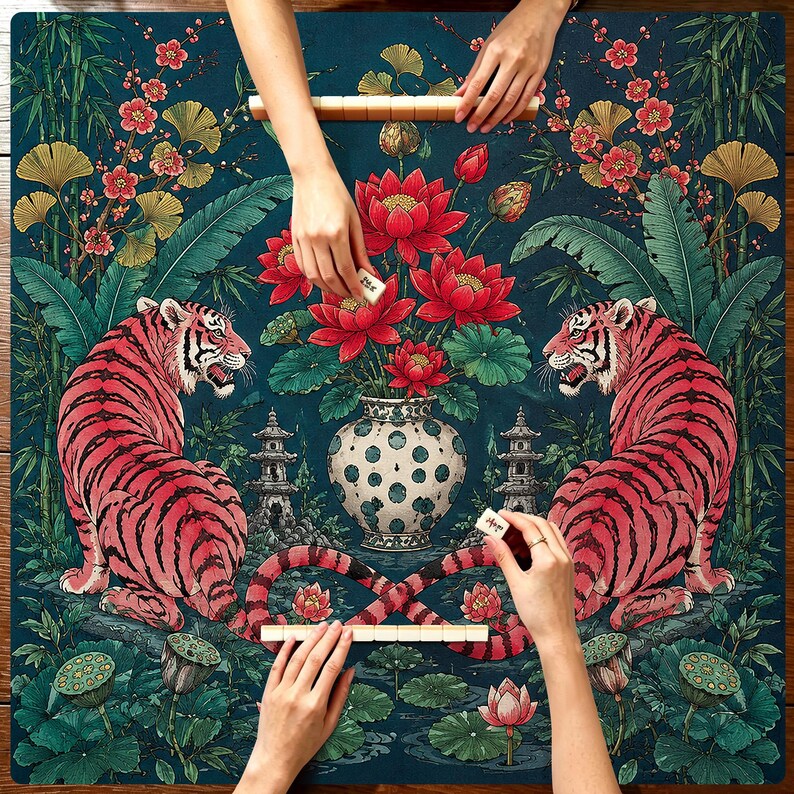 Tapete de Mahjong Tigre Rojo, Diseño Flor de Loto, Tapete de Mesa de Juego Vintage Asiático, Regalo Único para Jugadores, Tapete de Mesa de Mahjong Americano, Regalo de Mahjong imagen 5