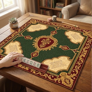 May include: A square game mat featuring a dark green center with a central gold and red shield emblem, surrounded by four cream-colored corner sections labeled Charleston with game instructions. A wooden rack holds five mahjong tiles.