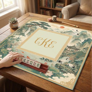 May include: A square mahjong mat featuring a landscape illustration with mountains, a waterfall, lotus flowers, and cranes. The center has a light green square with the gold monogram CKE. A wooden rack holds mahjong tiles with Chinese characters.